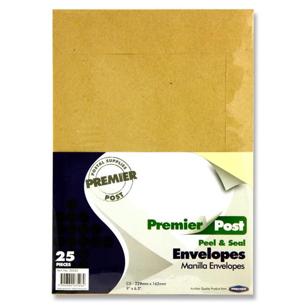Premier Post Pkt.25 C5 P+S Envelopes - Manilla