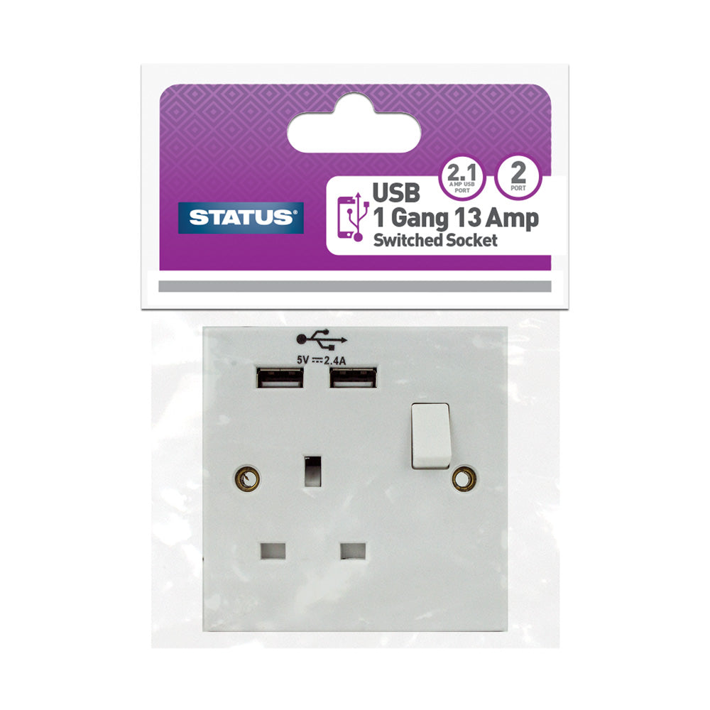 1 Gang 13Amp Switched Wall Socket (With 2 USB Ports)